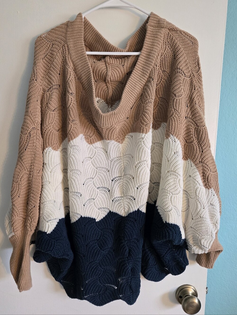 Chicsoul Cable Knit V-Neck Sweater Tan, Cream & Navy 1X